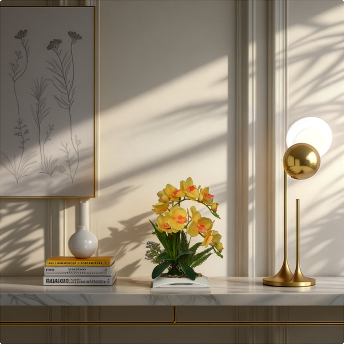 1 Ft Artificial Yellow Orchid Potted Plant – Bright Faux Blooms with Decorative Pot for Home, Office &amp; Tabletop Décor
