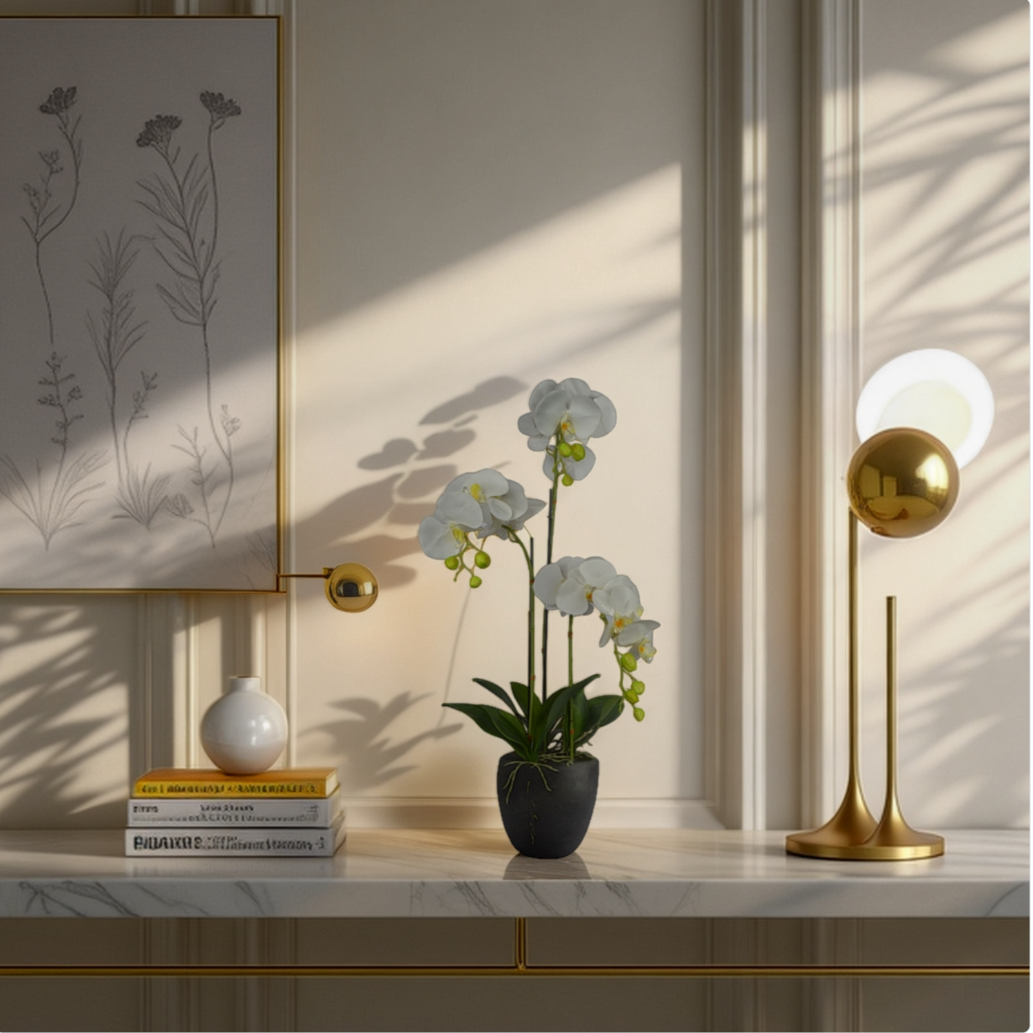 Artificial white orchid arrangement in elegant decorative pot – LuxiPlant
