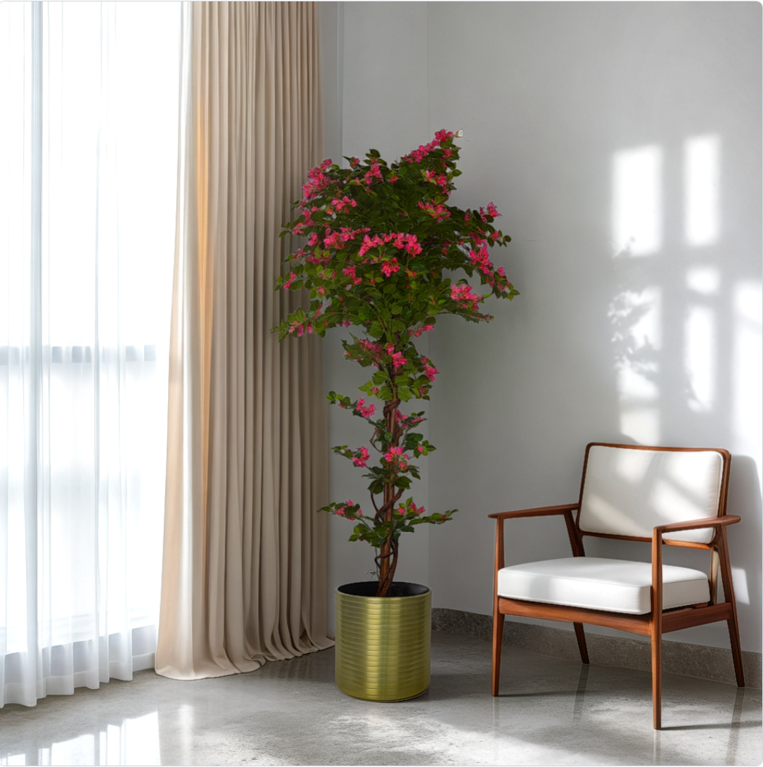 A 6 ft artificial bougainvillea plant with vibrant pink blooms potted in a gold-colored container, placed in an indoor setting beside a chair and a window with curtains.