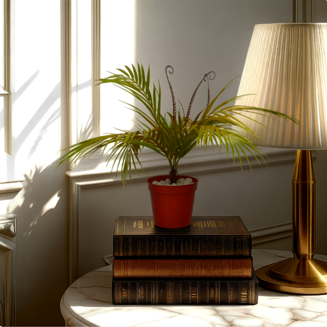 An artificial green palm fern bush in a red pot, placed on top of a stack of old books, with a lamp and a window in the background.