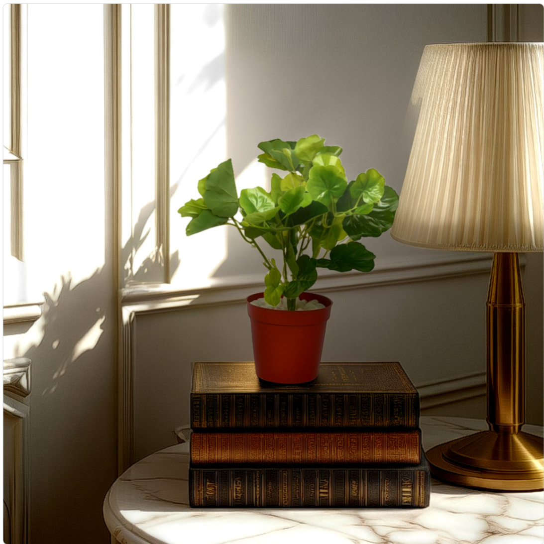 An artificial green begonia bush in a red pot placed on a stack of books, next to a lamp, on a white surface, with sunlight filtering in from a window.