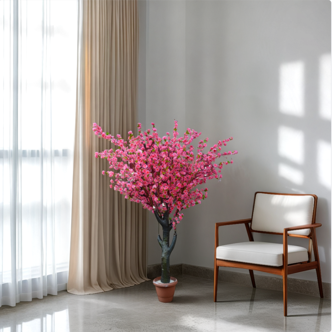 Pink artificial flower arrangement in a pot next to a wooden chair with white cushion in a bright room.
