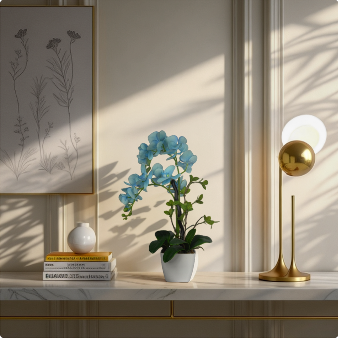 2 Ft Artificial Orchid Arrangement – Elegant Sky Blue Faux Blooms with Decorative Pot for Home &amp; Office Décor