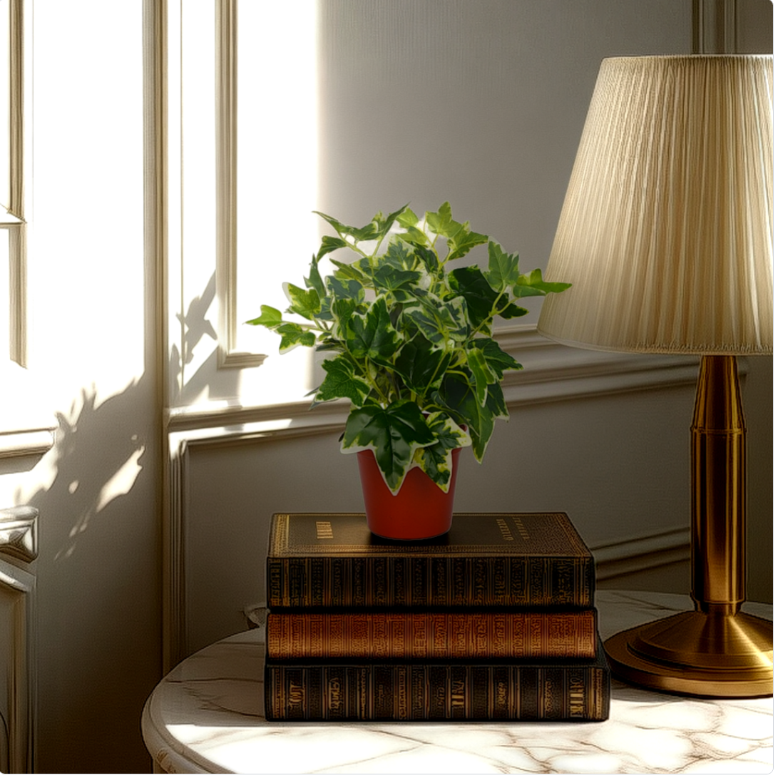 An artificial green plant in a red pot, placed on a stack of brown books on a white surface, with a lamp and window light in the background.