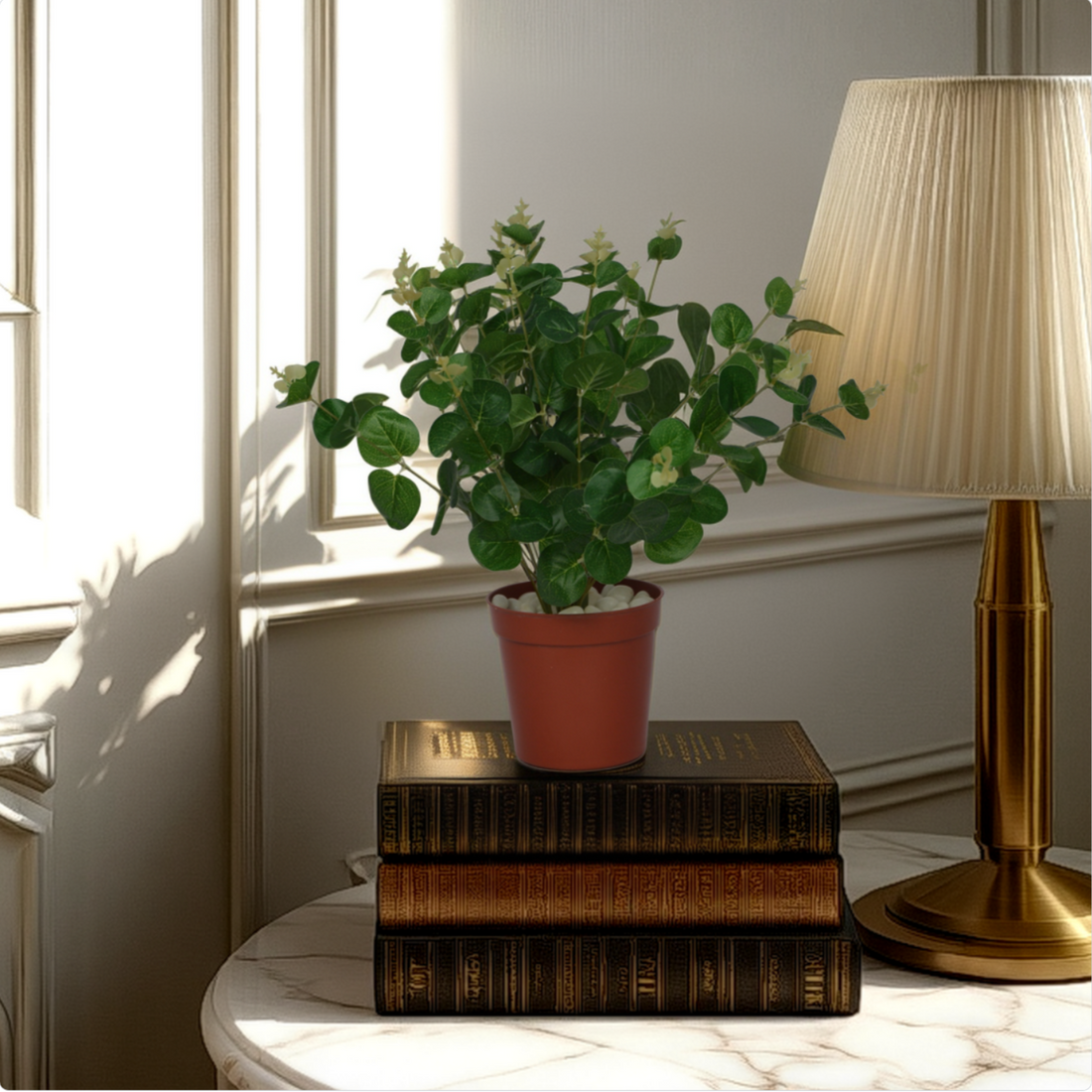 An artificial green carpinteria bush in a red pot, placed on a stack of brown books on a tabletop, with a lamp and a window in the background.