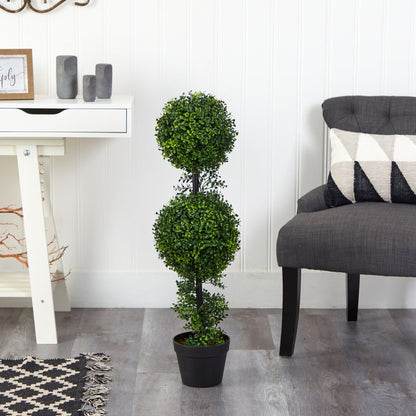3 Ft Artificial Boxwood Double Ball Topiary – UV-Resistant Faux Tree with Decorative Pot for Indoor &amp; Outdoor
