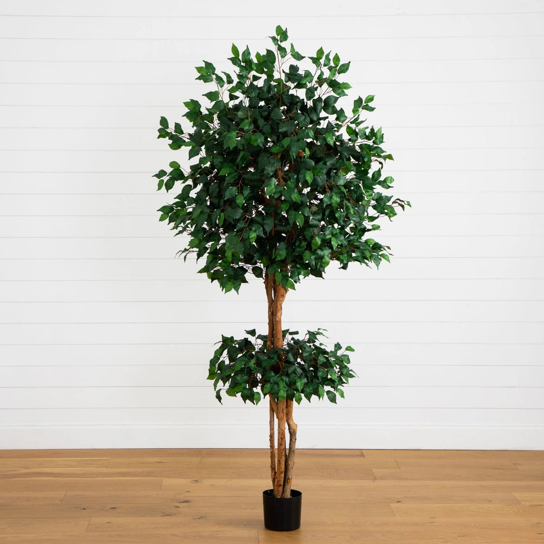 6 Ft Artificial Double Ball Ficus Silk Tree – Faux Indoor Plant with Natural Trunk &amp; Lush Green Foliage in Pot
