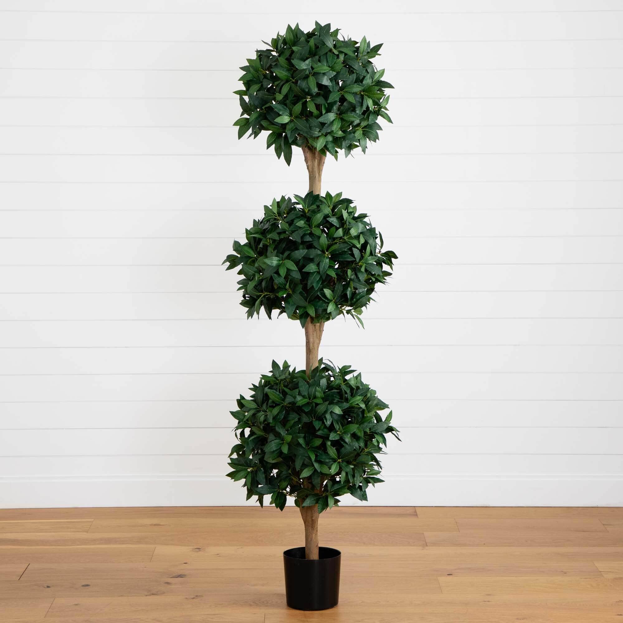 5 Ft Artificial Sweet Bay Triple Ball Topiary Tree – Faux Indoor/Outdoor Decorative Potted Plant