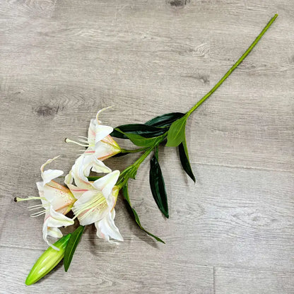 White flowers with green leaves on a wooden surface