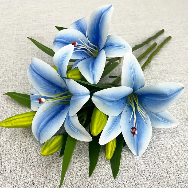 Bouquet of blue lilies on a textured beige background