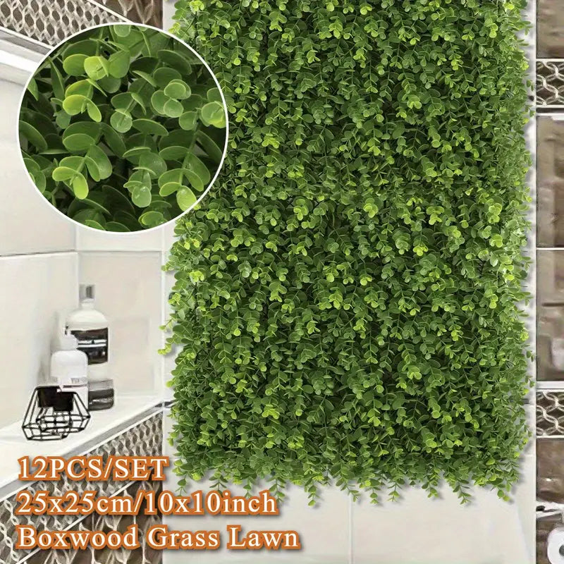 50x50 cm Artificial Eucalyptus Leaf Grass Mat – 60mm Faux Green Wall Panel for Patio, Playground, Lawn &amp; Outdoor Event Décor