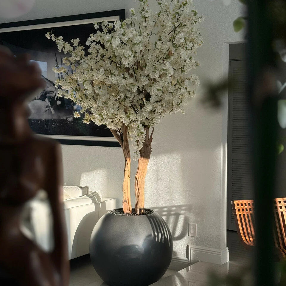 7 Ft Custom Cherry Blossom Tree – Signature Design for Matte Gun Metal Globe (Pot Not Included) – full plant shot showcasing realistic foliage