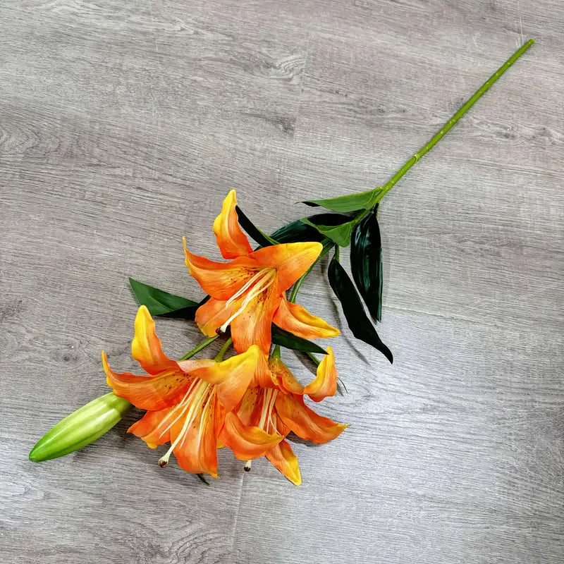 Orange flowers with green leaves on a gray wooden surface