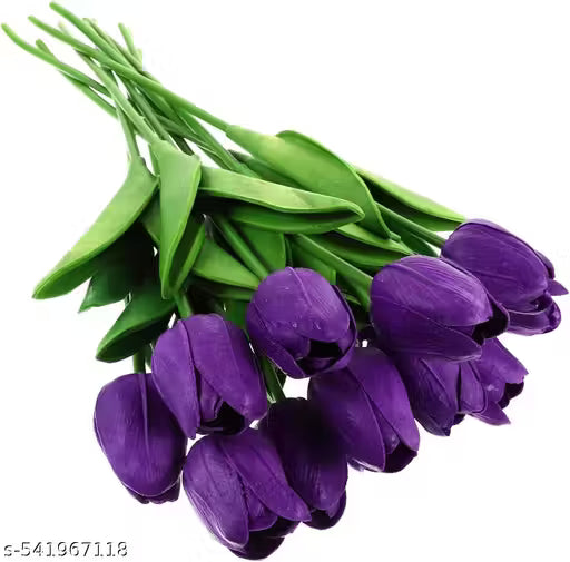 Bouquet of purple tulips with green leaves on a white background