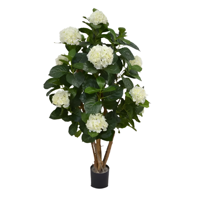 Lifelike 3 Ft artificial Hydrangea tree with cream-colored blooming flowers
