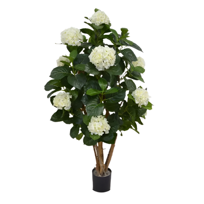 Lifelike 3 Ft artificial Hydrangea tree with cream-colored blooming flowers
