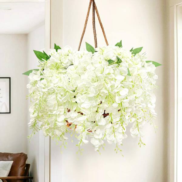 1.5 Ft Cream White Artificial Wisteria Flower Hanging Bush – Elegant Cascading Faux Floral Stems (Set of 2)