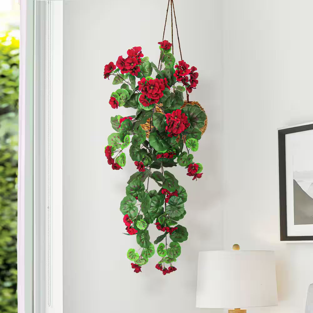 2.5 Ft Red Artificial Geranium Vine – Hanging Silk Flower Bush with Lush Green Leaves for Home &amp; Event