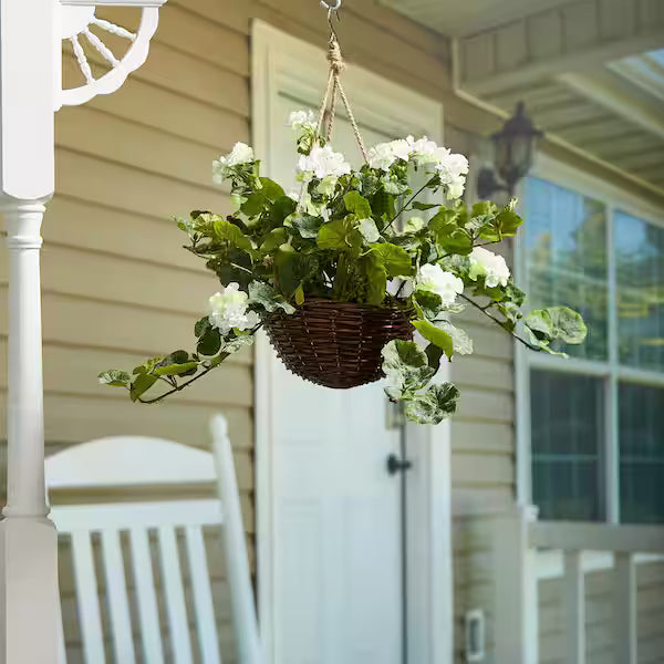 White Artificial Geranium Flower Arrangement with Hanging Basket – Cascading Faux Blooms for Porch, Patio &amp; Indoor