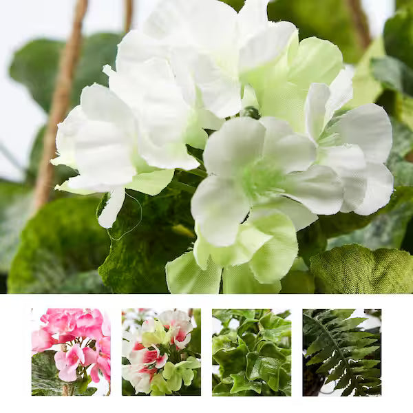 White Artificial Geranium Flower Arrangement with Hanging Basket – Cascading Faux Blooms for Porch, Patio &amp; Indoor