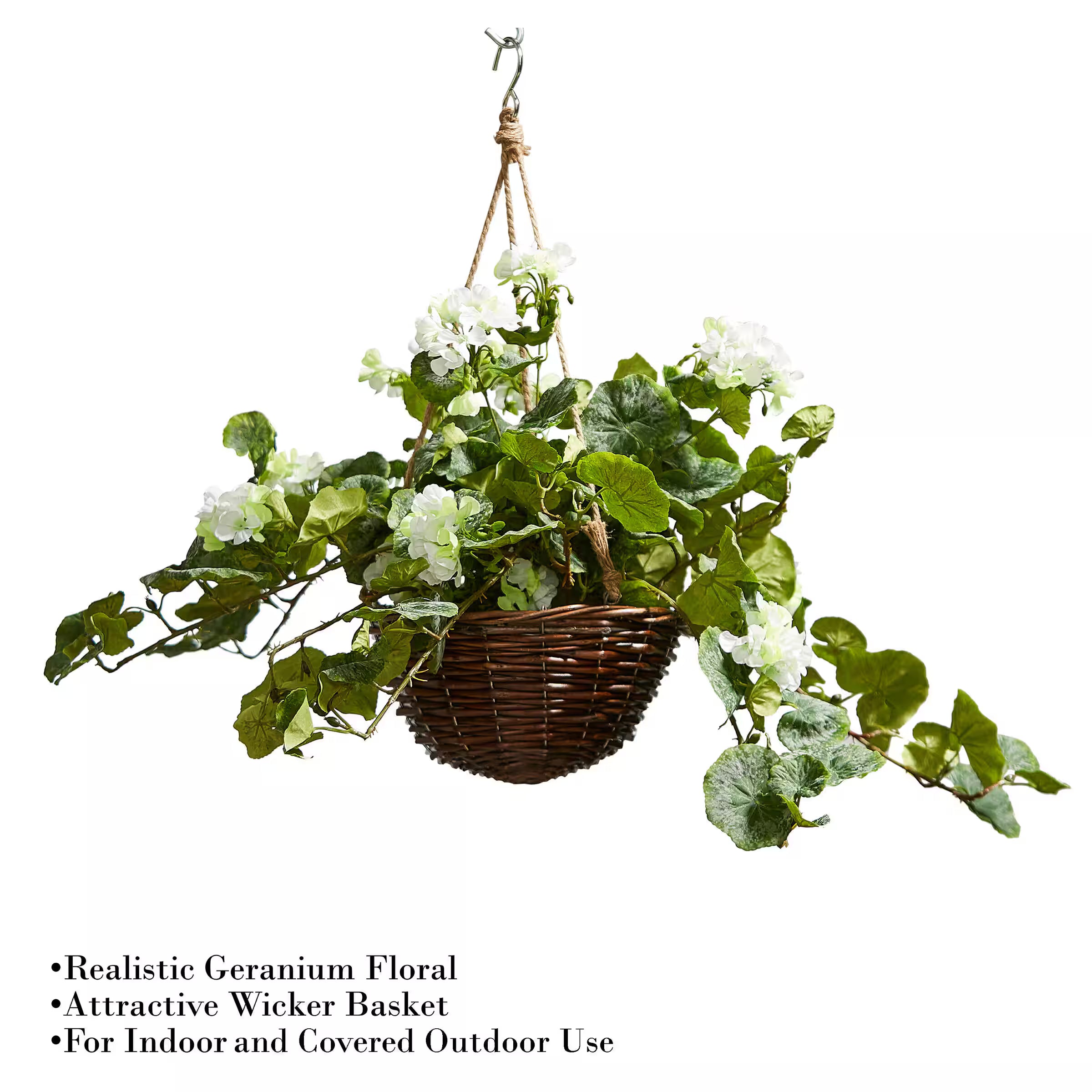 White Artificial Geranium Flower Arrangement with Hanging Basket – Cascading Faux Blooms for Porch, Patio &amp; Indoor