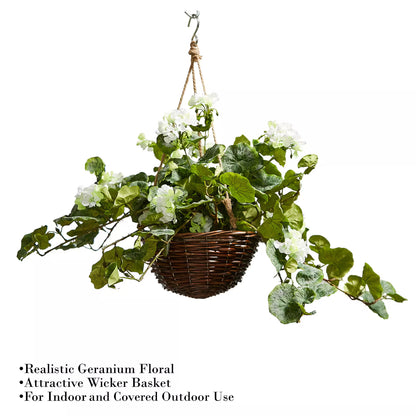 White Artificial Geranium Flower Arrangement with Hanging Basket – Cascading Faux Blooms for Porch, Patio &amp; Indoor