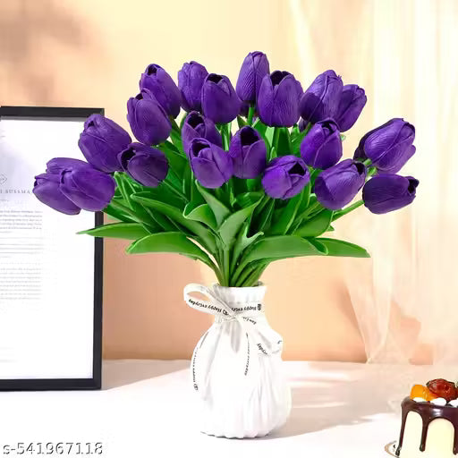 Bouquet of purple tulips in a white drawstring bag on a light background