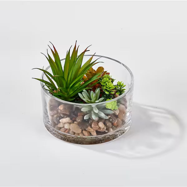 5.5 In. Artificial Dish Garden Succulents in Round Glass Container – Faux Greenery Arrangement for Home &amp; Office